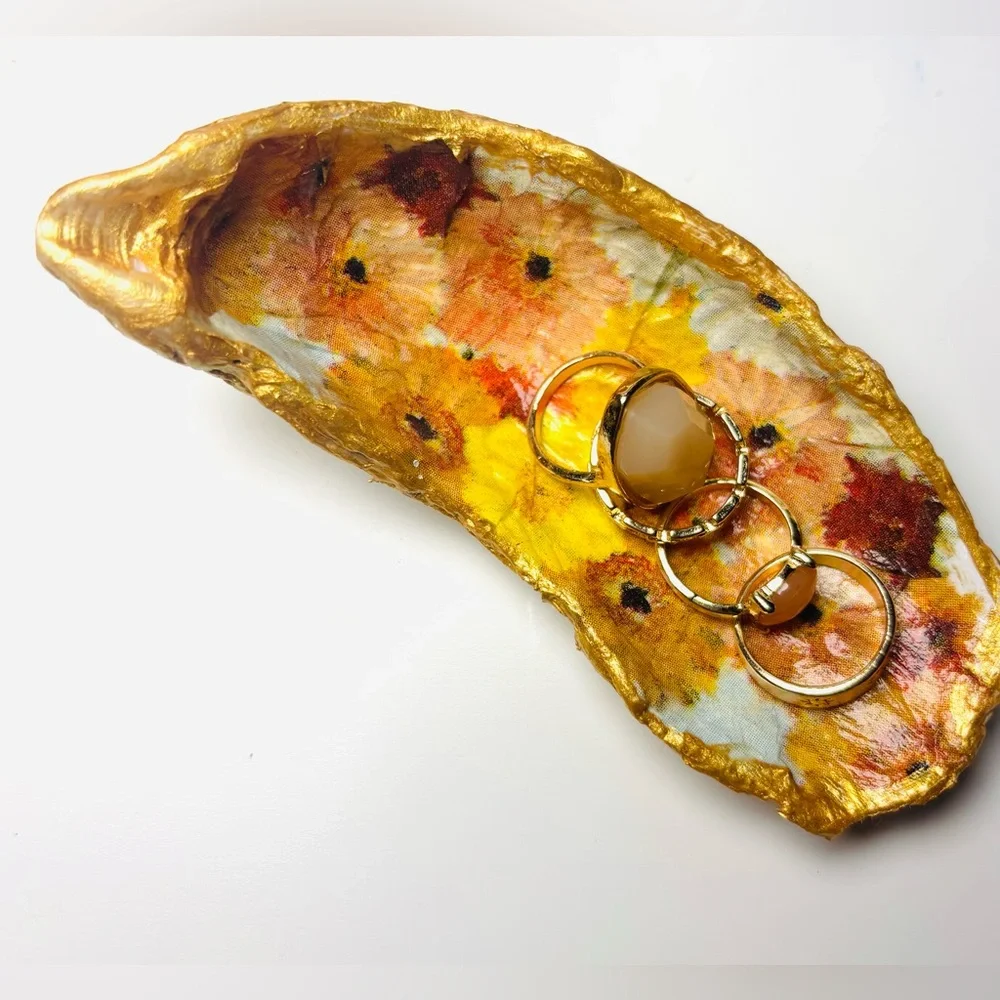 Handcrafted Oyster Shell Ring Dish W/ Autumnal Floral Decoupage Design